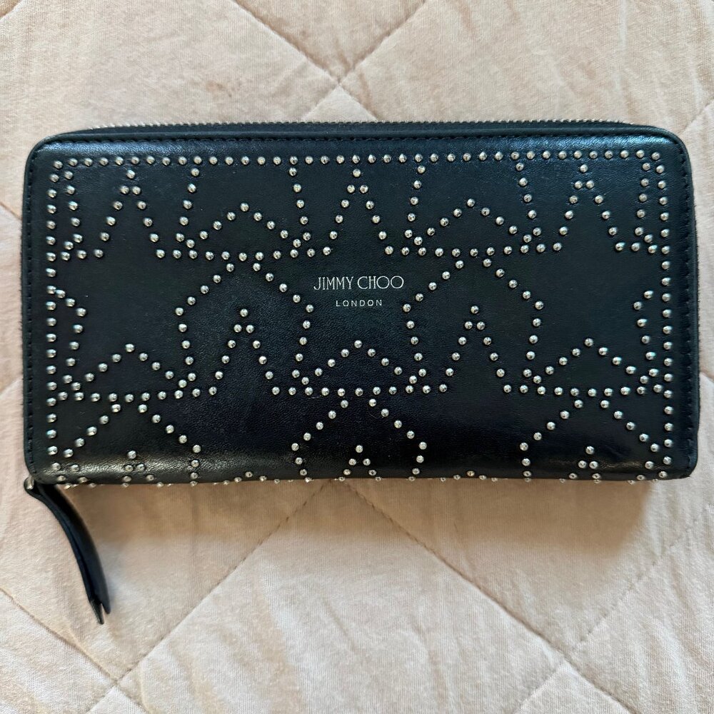 Jimmy Choo Black Star Studded Filipa Leather Zip Around Long Wallet